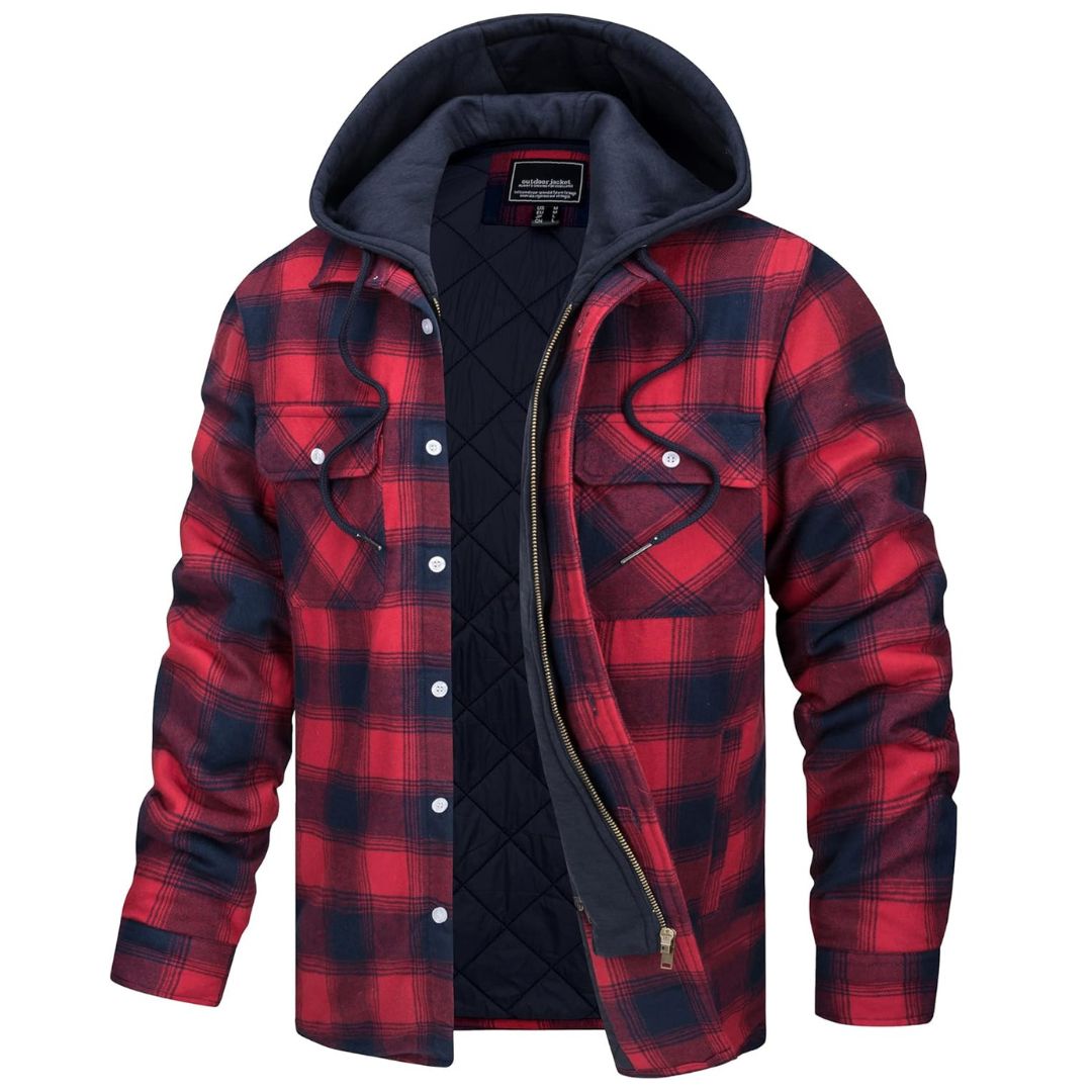 TACVASEN Red Men's Quilted Plaid Flannel Detachable Hooded Jacket