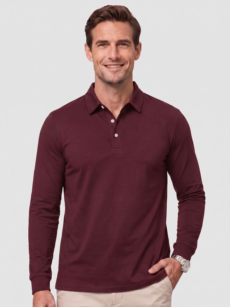 TACVASEN Wine Red Quick-Dry Long Sleeve Polo Shirt for Golf & Work