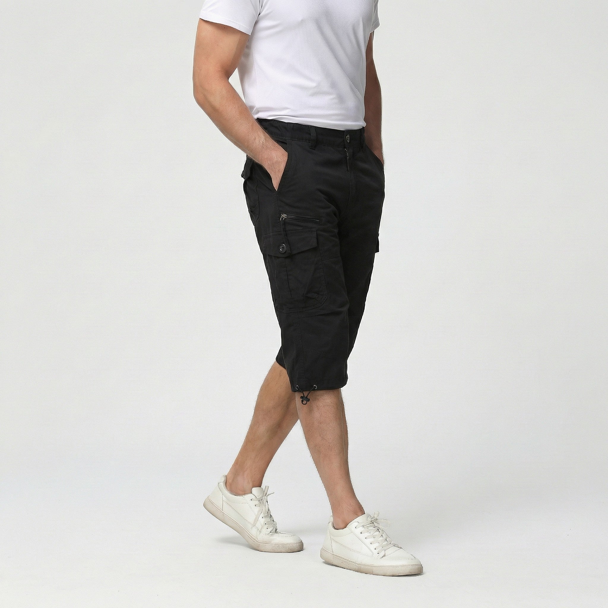 TACVASEN Black Utility Cargo Shorts 3/4 Length Cotton Pants