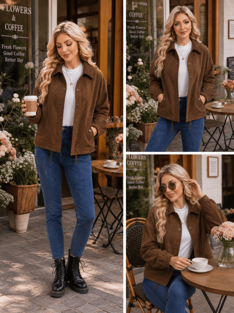 TACVASEN Brown Women's Casual Collared Suede Jacket