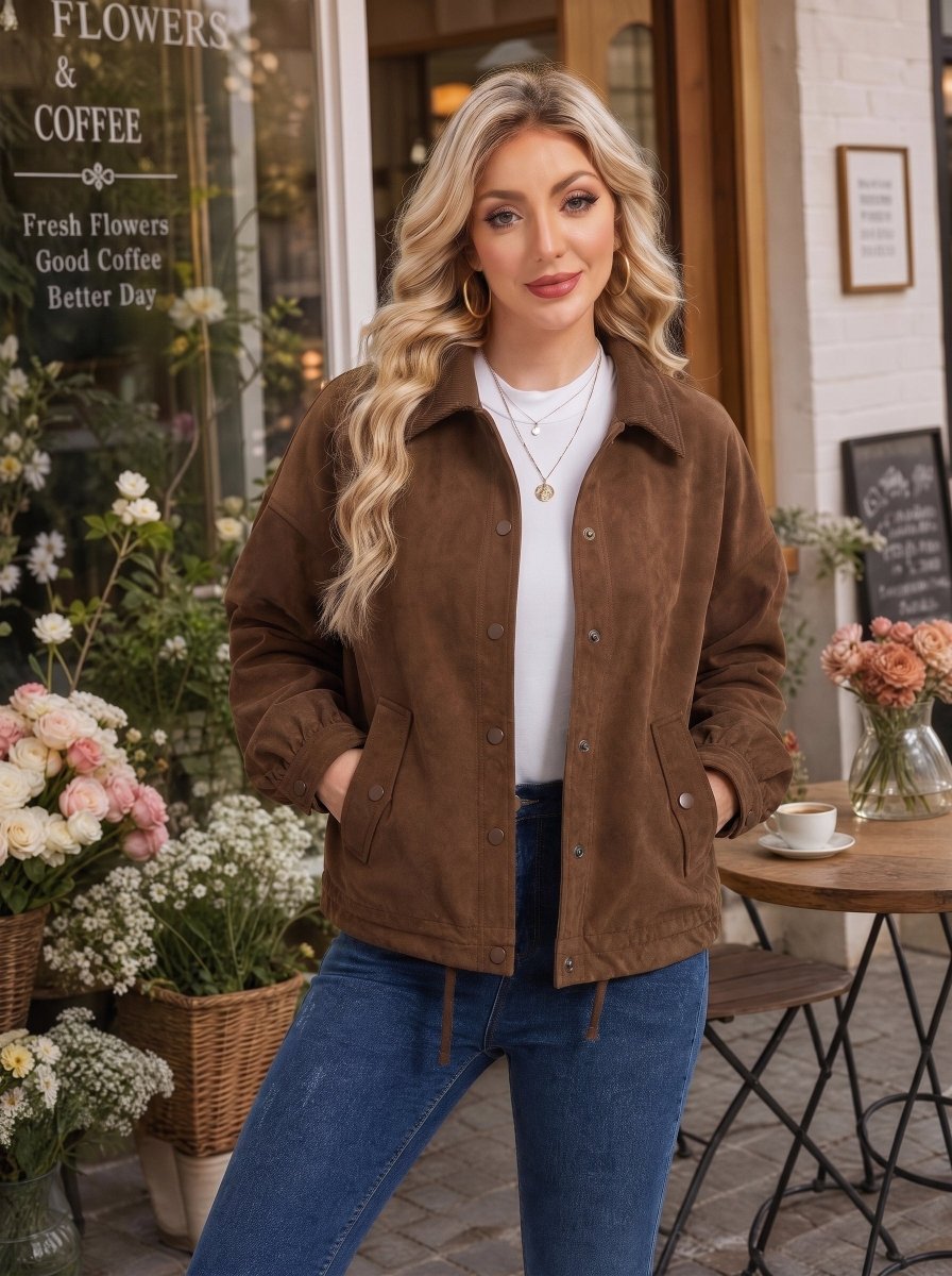 TACVASEN Brown Women's Casual Collared Suede Jacket