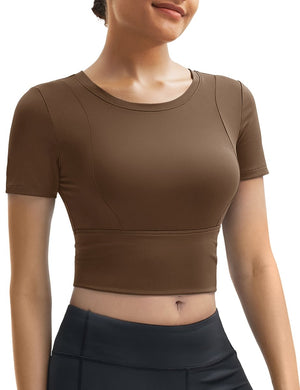 TACVASEN Dark Brown Women's Crop Workout Tops Yoga Short Sleeve