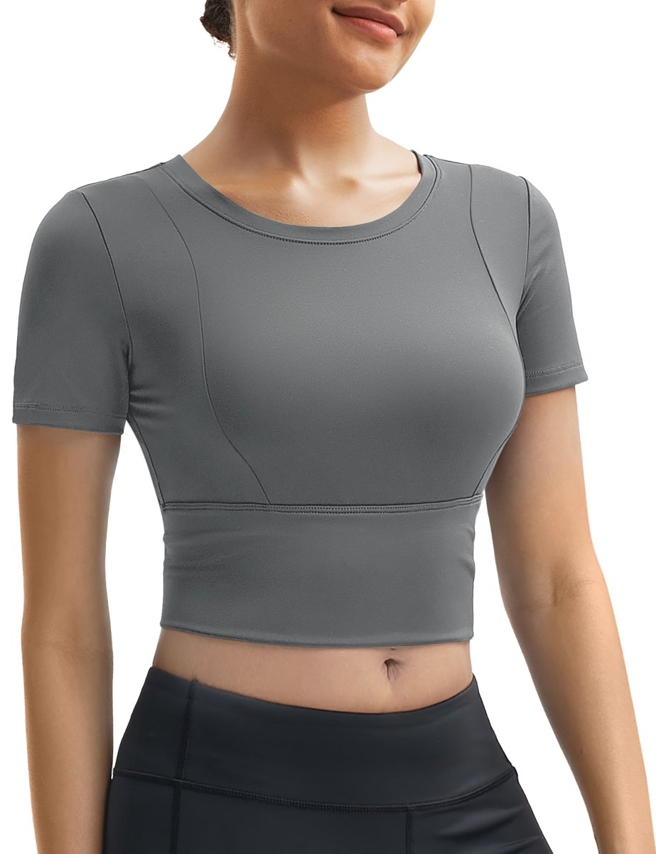TACVASEN Medium Grey Women's Crop Workout Tops Yoga Short Sleeve