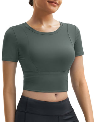 TACVASEN Grey Green Women's Crop Workout Tops Yoga Short Sleeve