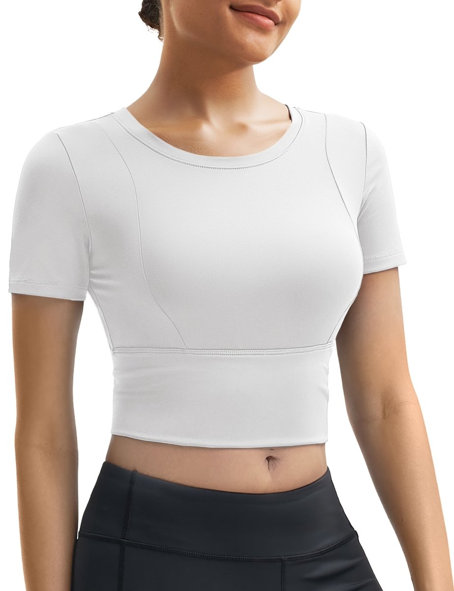TACVASEN White Women's Crop Workout Tops Yoga Short Sleeve