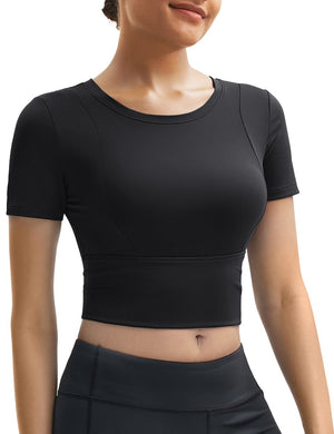 TACVASEN Black Women's Crop Workout Tops Yoga Short Sleeve