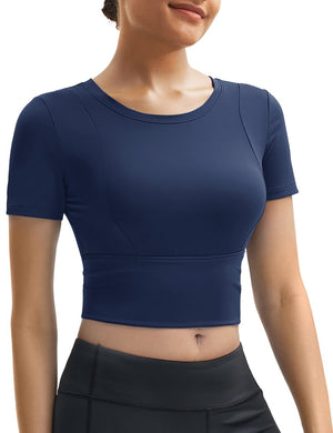 TACVASEN Navy Women's Crop Workout Tops Yoga Short Sleeve