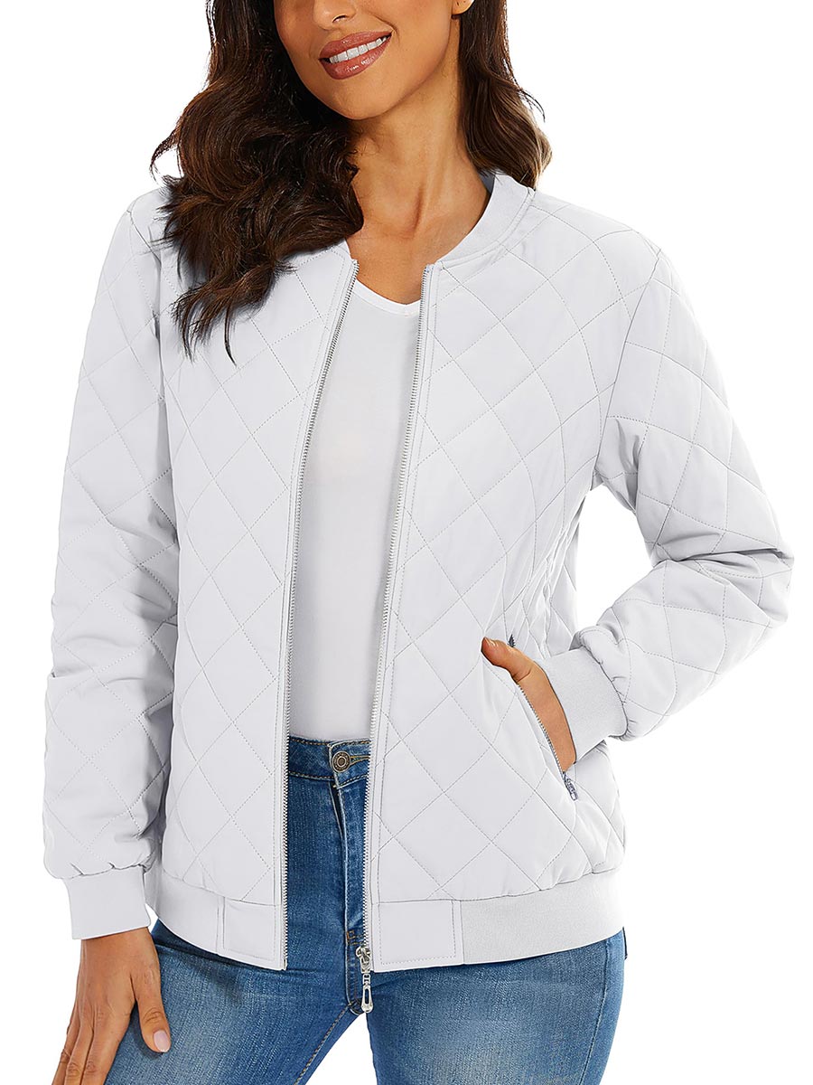 TACVASEN White Women's Diamond Quilted Padded Zip Jacket
