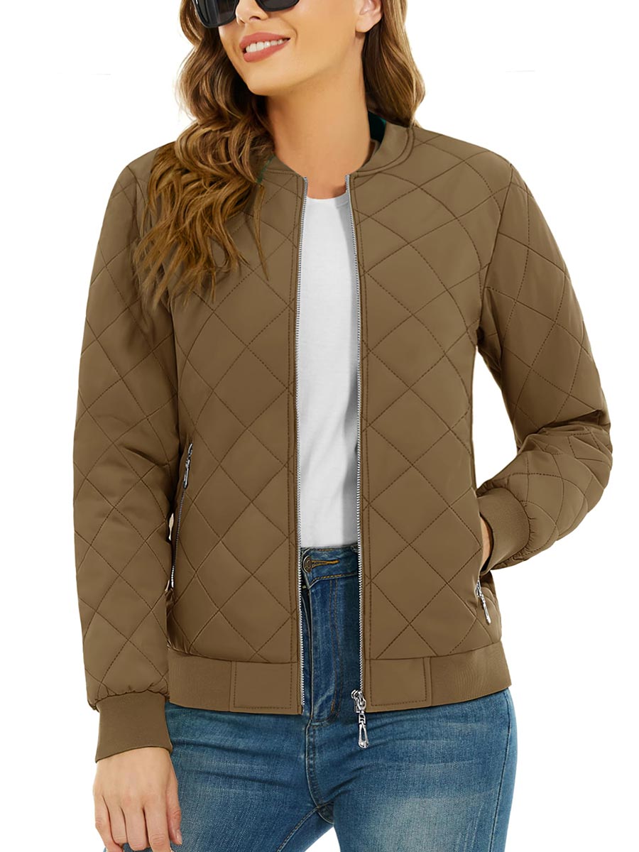 TACVASEN Brown Women's Diamond Quilted Padded Zip Jacket