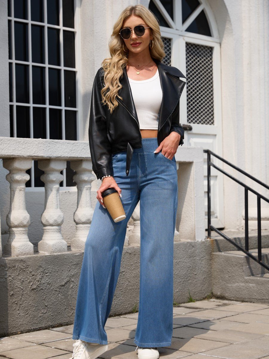 TACVASEN Medium Blue Women's High Waisted Slimming High Elasticity Casual Denim Pants