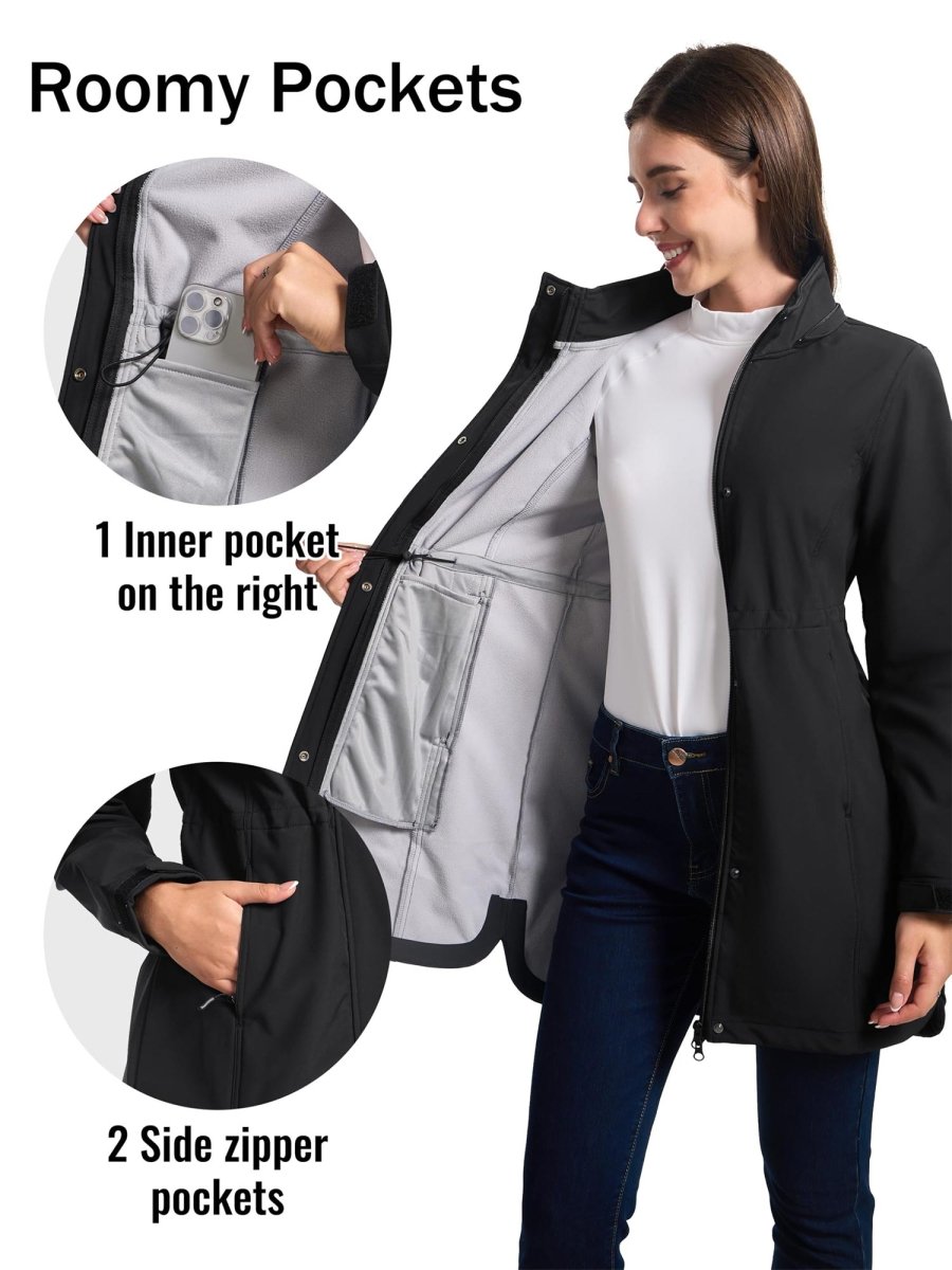 TACVASEN Black Women's Long Fleece Lined Jackets Warm Winter Windbreaker