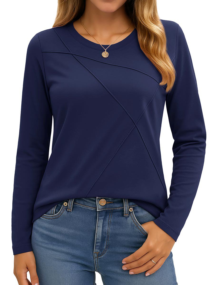 TACVASEN Dark Blue Women's Long Sleeve Shirts Pleated Crew Neck Fall Trendy Top