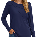 TACVASEN Dark Blue Women's Long Sleeve Shirts Pleated Crew Neck Fall Trendy Top