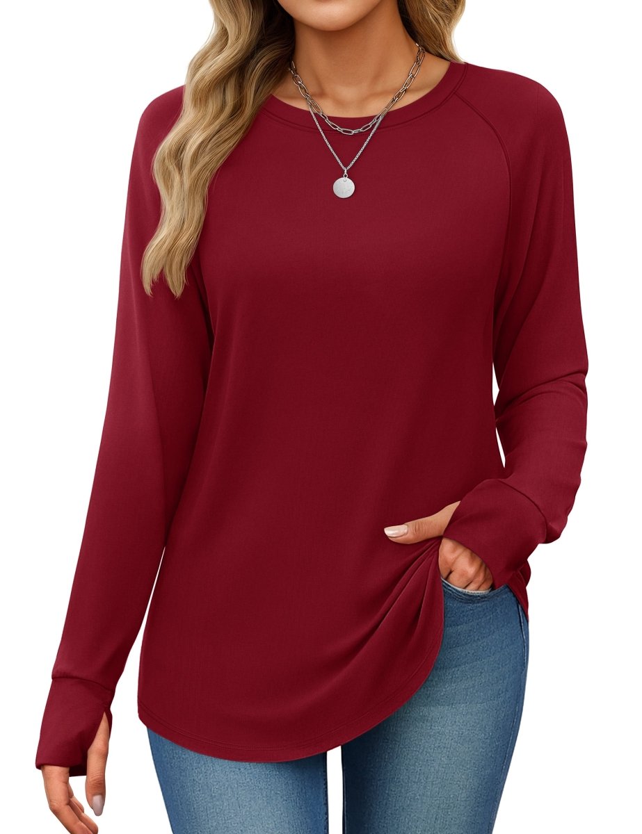 TACVASEN Red Women's Long Sleeve Shirts With Thumb Hole