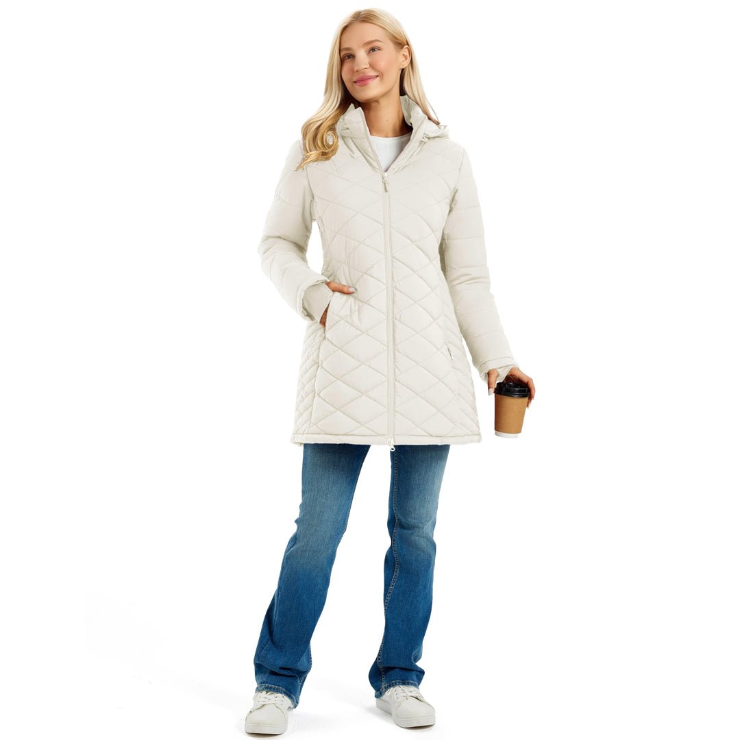 TACVASEN Beige Women's Long Waterproof Puffer Jacket with Hood