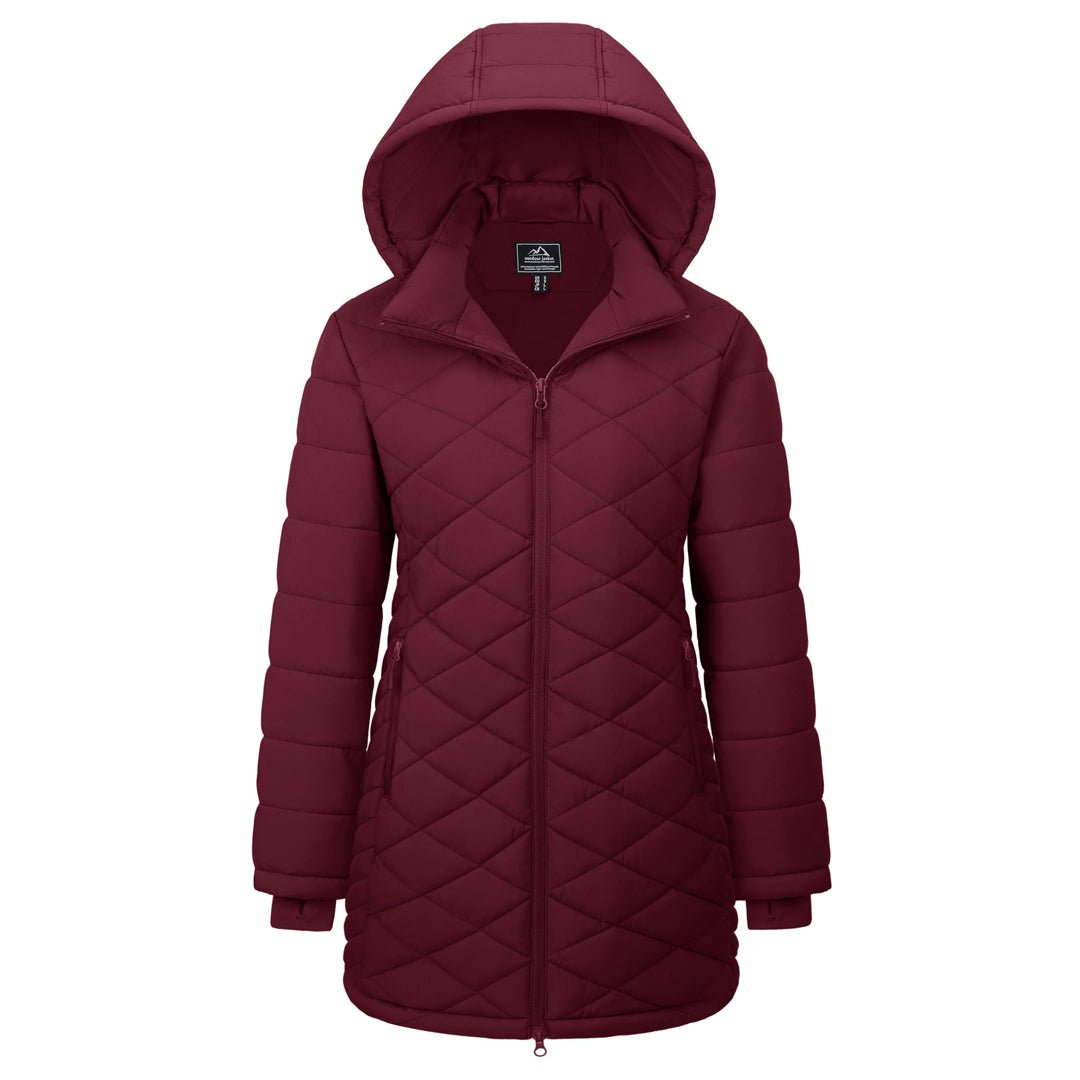 TACVASEN Wine Red Women's Long Waterproof Puffer Jacket with Hood