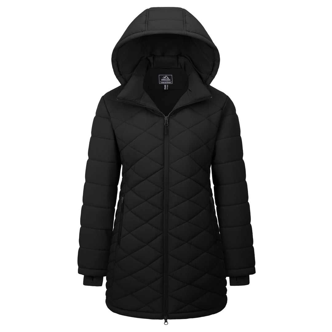 TACVASEN Black Women's Long Waterproof Puffer Jacket with Hood