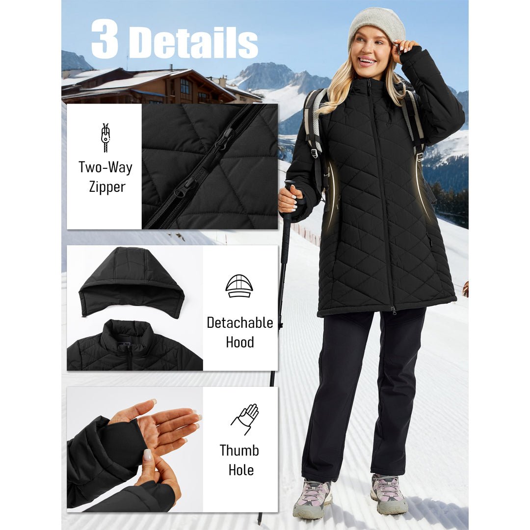 TACVASEN Black Women's Long Waterproof Puffer Jacket with Hood