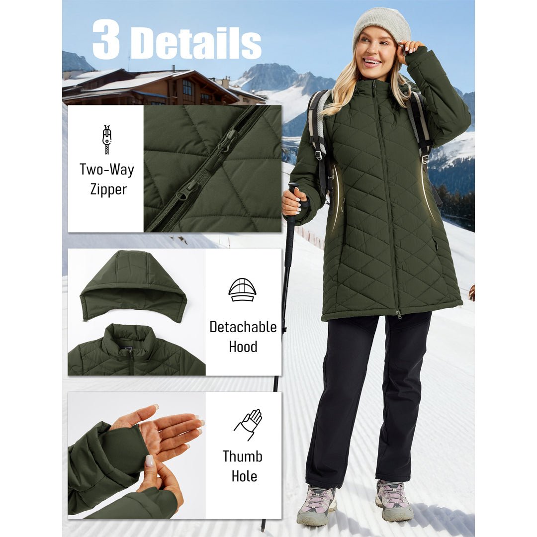 TACVASEN Wine Red Women's Long Waterproof Puffer Jacket with Hood