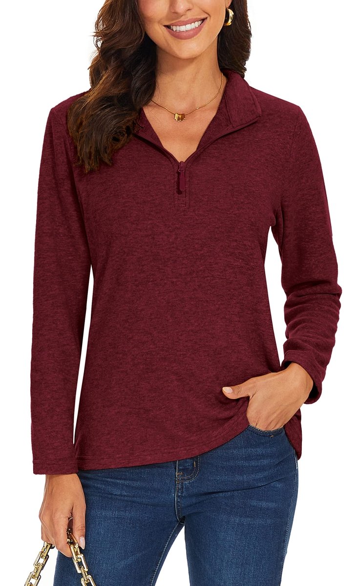 TACVASEN Wine Red Women's Quarter Zip Fleece Casual Pullover Sweatshirt