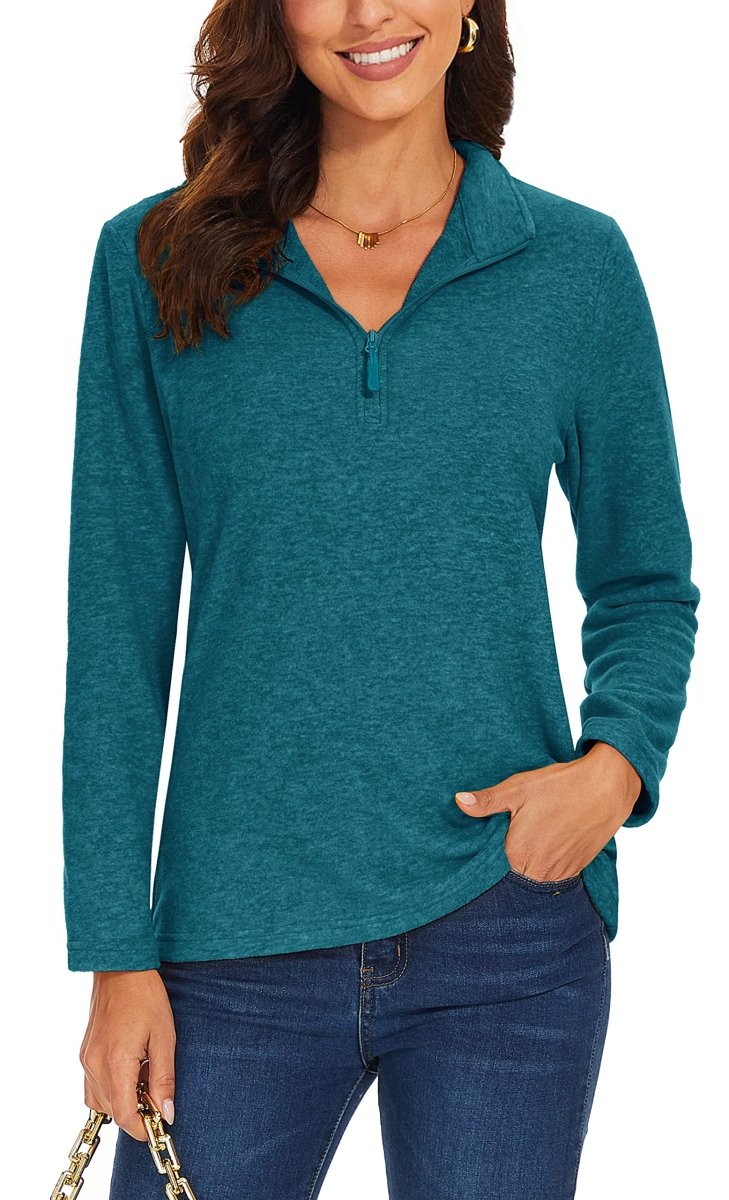 TACVASEN Peacock Blue Women's Quarter Zip Fleece Casual Pullover Sweatshirt
