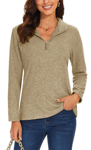 TACVASEN Khaki Women's Quarter Zip Fleece Casual Pullover Sweatshirt