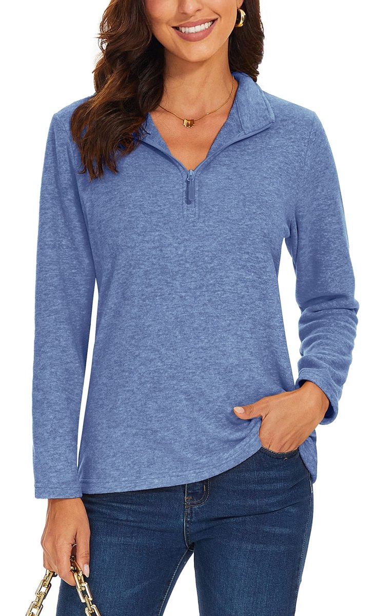 TACVASEN Grey Blue Women's Quarter Zip Fleece Casual Pullover Sweatshirt