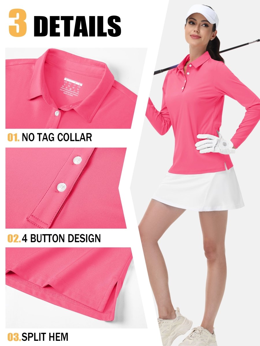 TACVASEN Rose Red Women's Quick Dry UPF 50+ Long Sleeve Polo Shirts