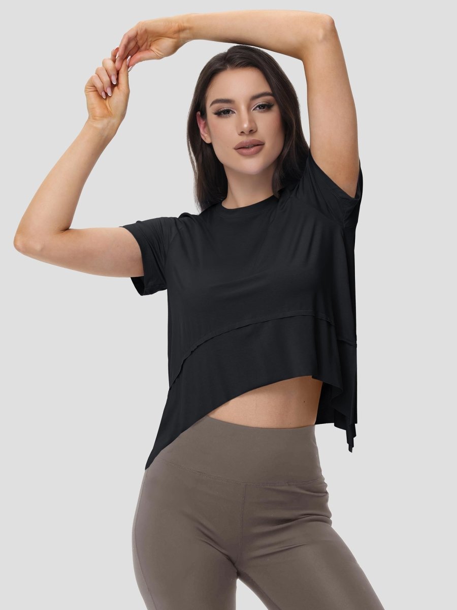 TACVASEN Black Women's Short Sleeve Athletic Yoga Crop Shirts