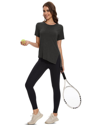 TACVASEN Dark Grey Women's Side Slit Workout Short Sleeve Shirts