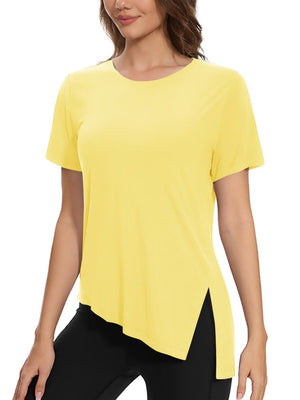 TACVASEN Light Yellow Women's Side Slit Workout Short Sleeve Shirts