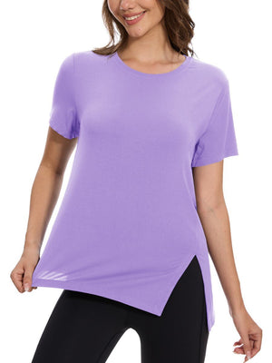 TACVASEN Purple Women's Side Slit Workout Short Sleeve Shirts