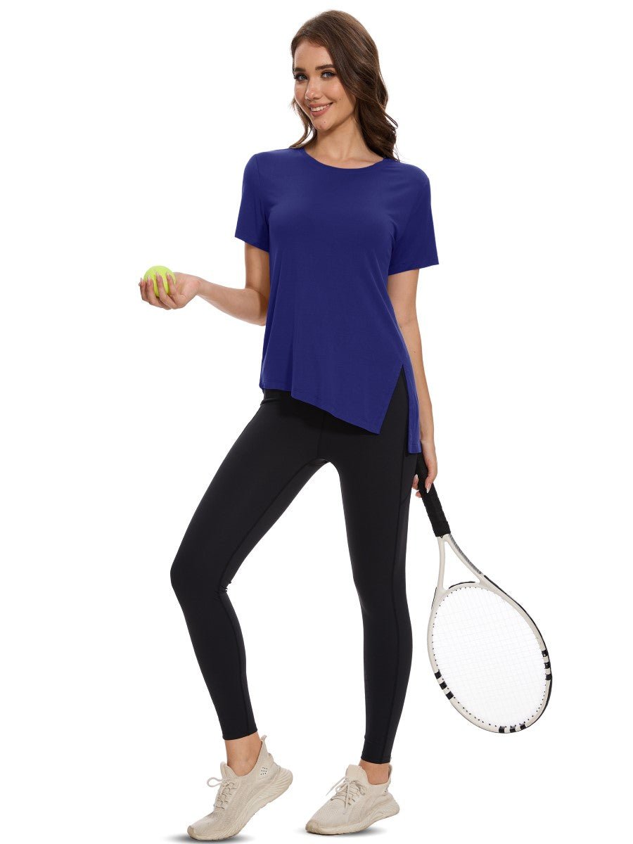 TACVASEN Sapphire Blue Women's Side Slit Workout Short Sleeve Shirts