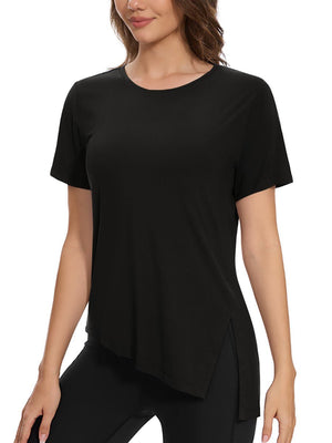 TACVASEN Black Women's Side Slit Workout Short Sleeve Shirts