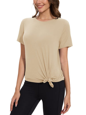 TACVASEN Light Khaki Women's Side Slit Workout Short Sleeve Shirts