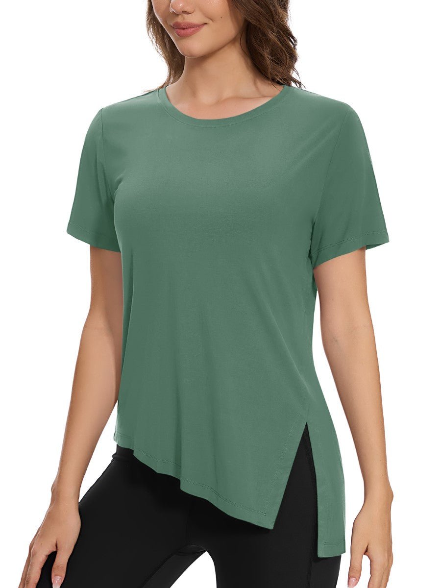 TACVASEN Moss Green Women's Side Slit Workout Short Sleeve Shirts