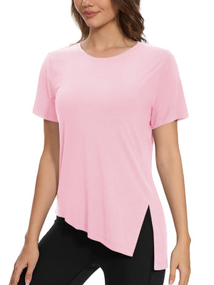 TACVASEN Light Pink Women's Side Slit Workout Short Sleeve Shirts