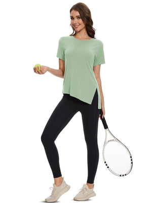 TACVASEN Mist Green Women's Side Slit Workout Short Sleeve Shirts