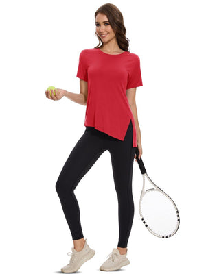 TACVASEN Red Women's Side Slit Workout Short Sleeve Shirts
