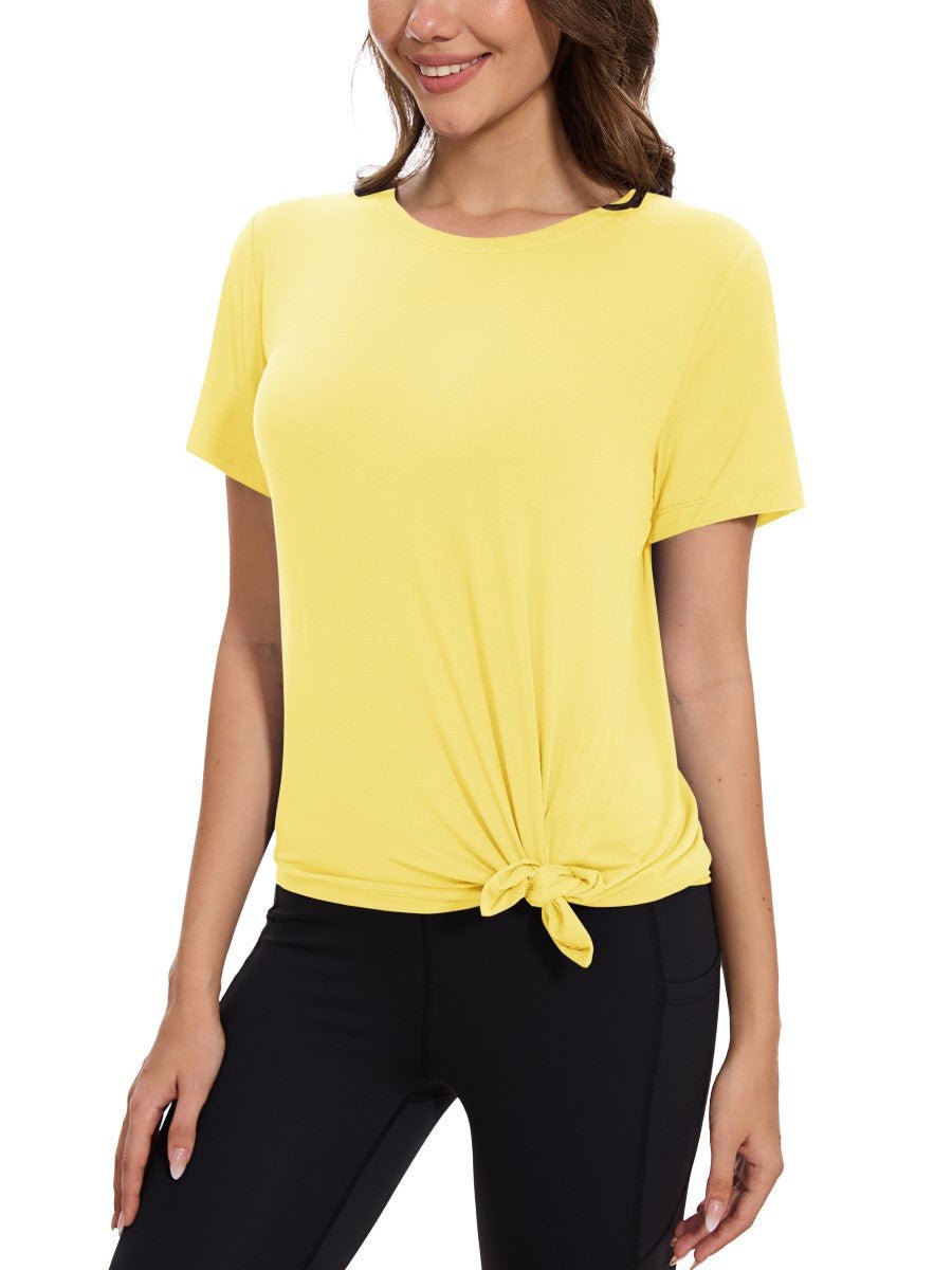 TACVASEN Light Yellow Women's Side Slit Workout Short Sleeve Shirts