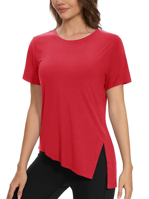 TACVASEN Red Women's Side Slit Workout Short Sleeve Shirts