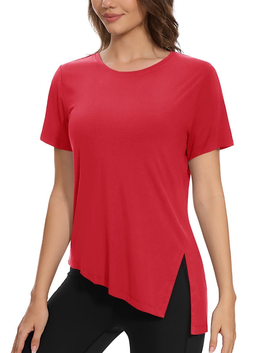 TACVASEN Red Women's Side Slit Workout Short Sleeve Shirts