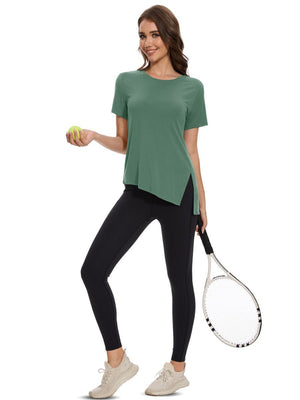 TACVASEN Moss Green Women's Side Slit Workout Short Sleeve Shirts