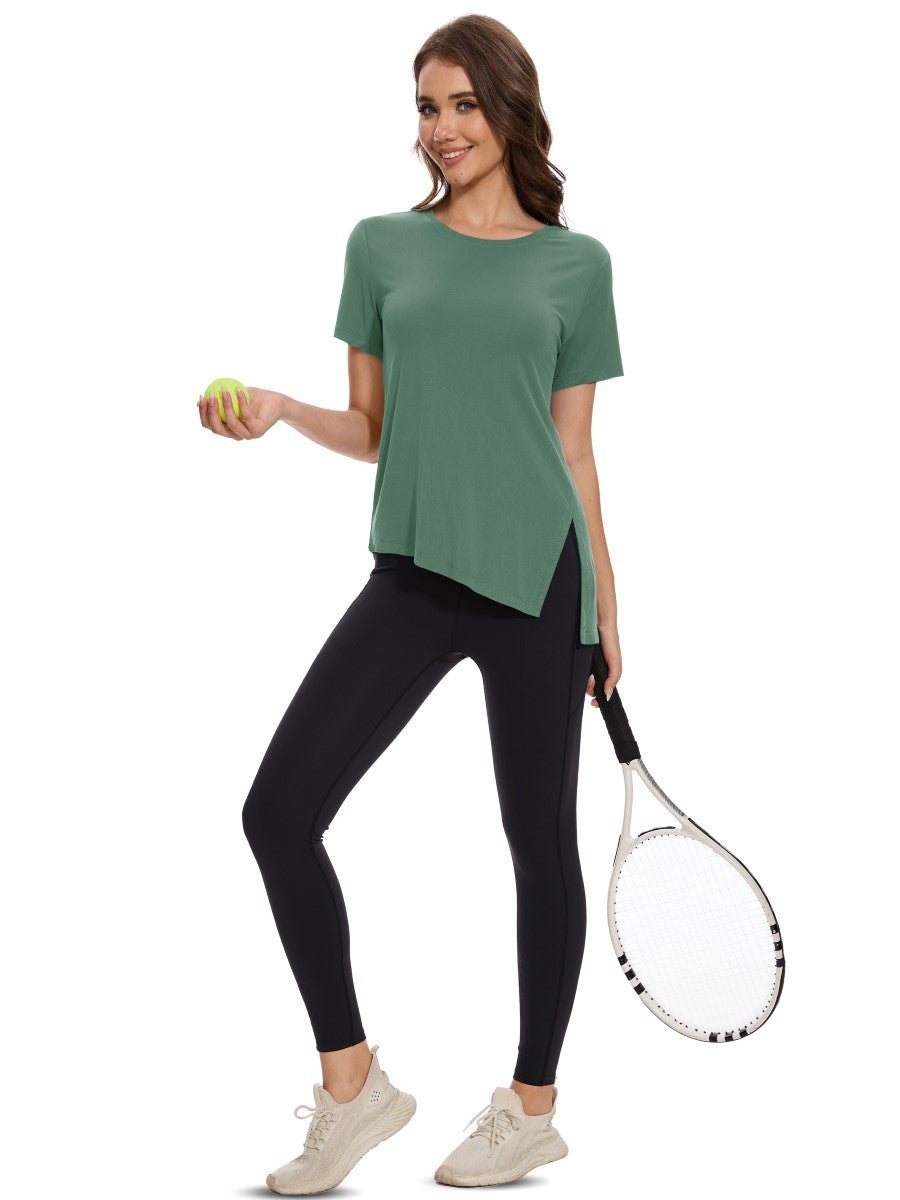TACVASEN Moss Green Women's Side Slit Workout Short Sleeve Shirts