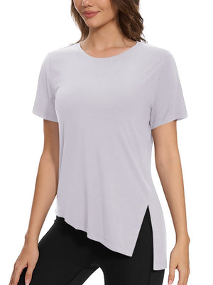 TACVASEN Light Grey Women's Side Slit Workout Short Sleeve Shirts