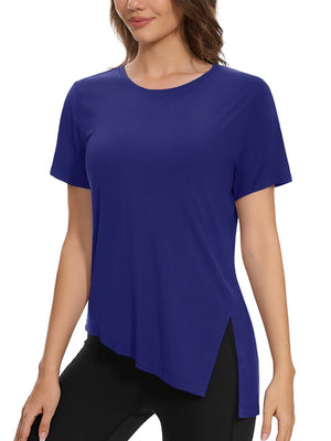 TACVASEN Sapphire Blue Women's Side Slit Workout Short Sleeve Shirts