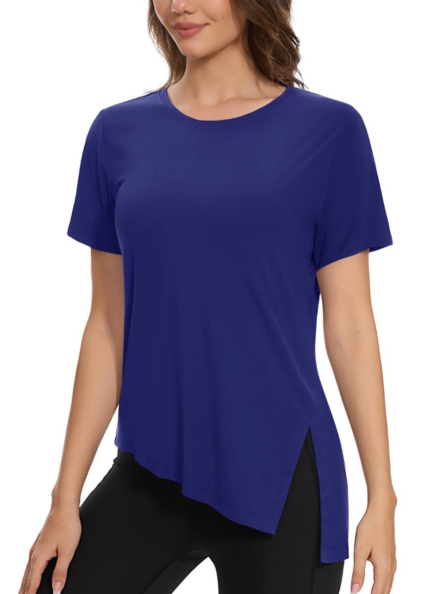 TACVASEN Sapphire Blue Women's Side Slit Workout Short Sleeve Shirts