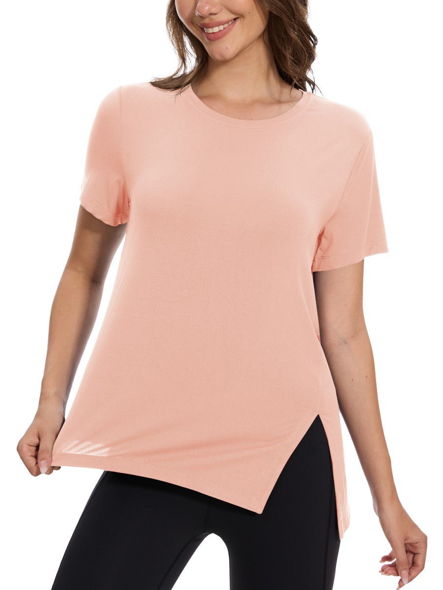 TACVASEN Apricot Women's Side Slit Workout Short Sleeve Shirts