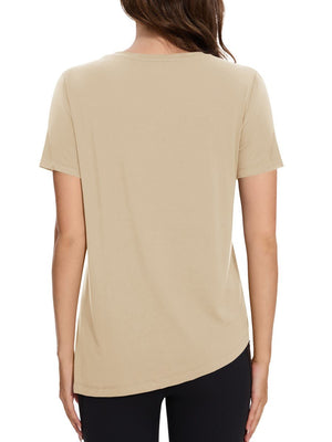 TACVASEN Light Khaki Women's Side Slit Workout Short Sleeve Shirts