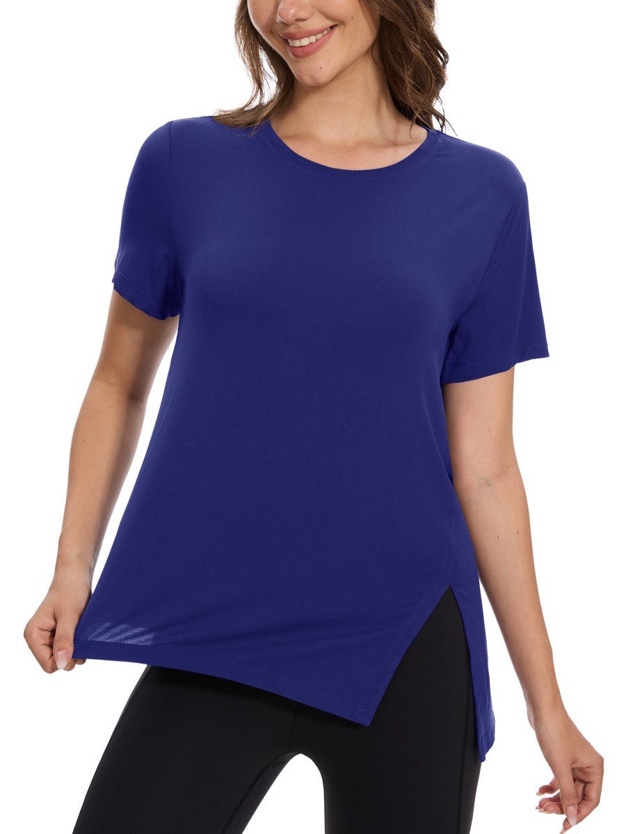 TACVASEN Sapphire Blue Women's Side Slit Workout Short Sleeve Shirts